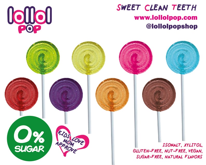 May include: Assortment of colorful lollipops with a swirl design. The lollipops are on white sticks and are arranged in a row. The text "lollol POP" is in the upper left corner of the image. The text "SWEET CLEAN TEETH" is in the upper right corner of the image. The text "www.lollolpop.com" is below the text "SWEET CLEAN TEETH". The text "@lollolpopshop" is below the text "www.lollolpop.com". The text "0% SUGAR" is in the lower left corner of the image. The text "KIDS LOVE MOM APPROVE" is in the lower center of the image. The text "ISOMALT, XYLITOL, GLUTEN-FREE, NUT-FREE, VEGAN, SUGAR-FREE, NATURAL FLAVORS" is in the lower right corner of the image.