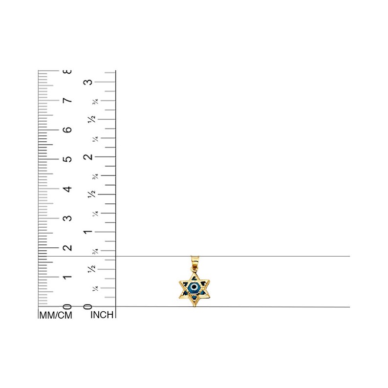 Textured Star of David Blue Evil Eye Protection Real 14K Yellow Gold Pendant