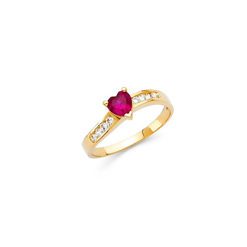 Classic Curved Channel Real 14K Yellow Gold with Ruby Heart Shaped CZ Ring