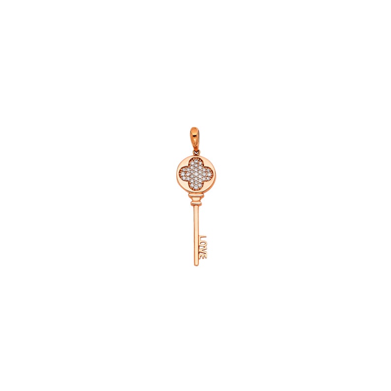 Flower Symbol Vintage Key CZ Real 14K Rose Gold Pendant
