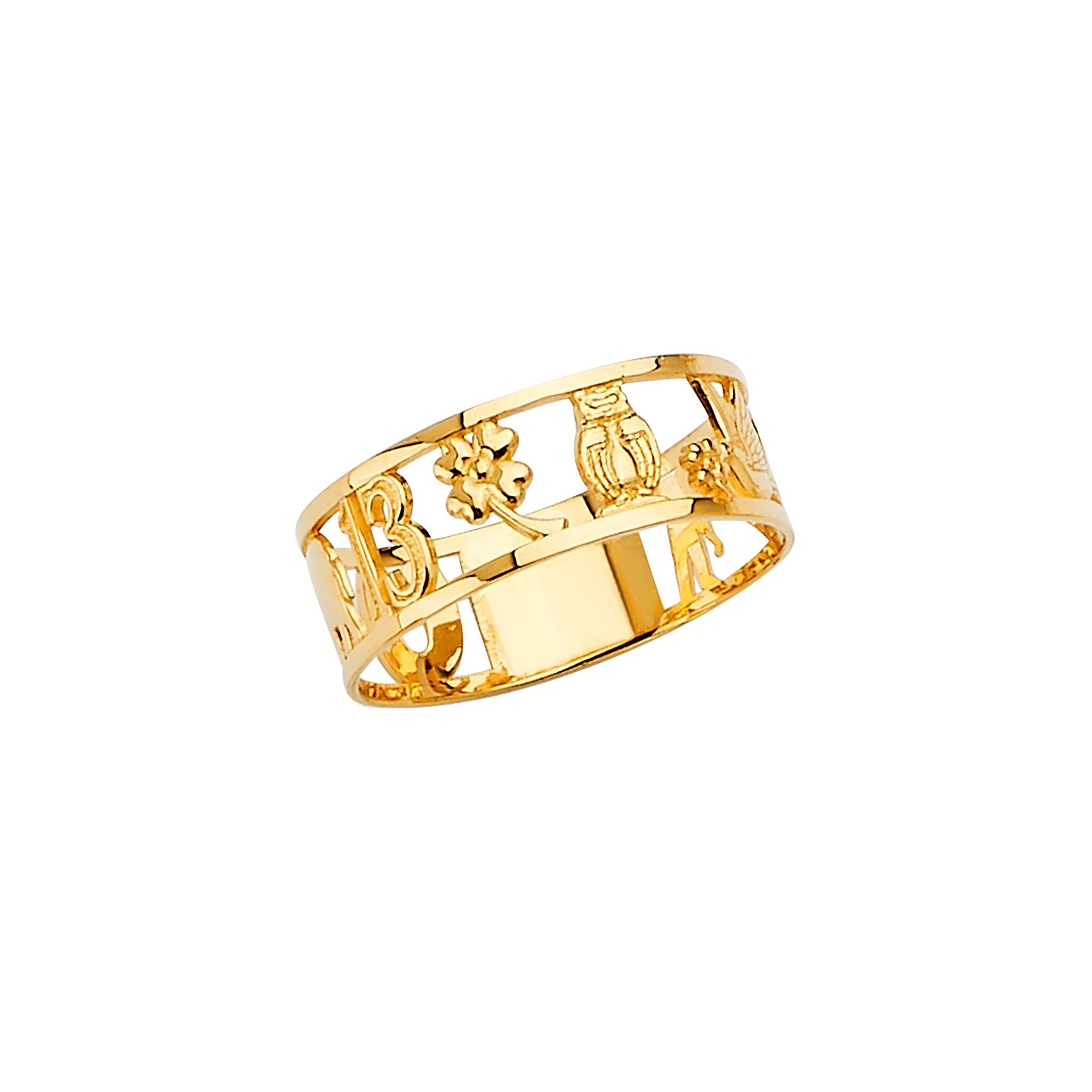 Lucky Charm Symbols Outlined Real 14K Yellow Gold Ring Etsy