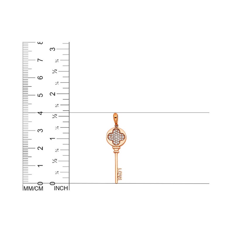 Flower Symbol Vintage Key CZ Real 14K Rose Gold Pendant