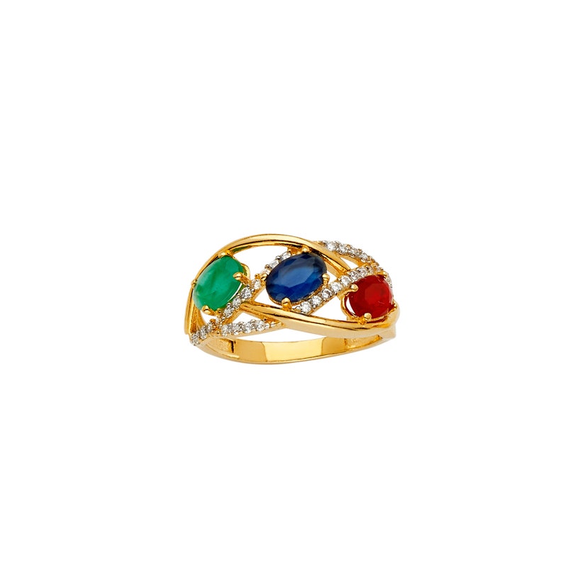 Thin Swirl Multicolor CZ Real 14K Yellow Gold Fancy Ring