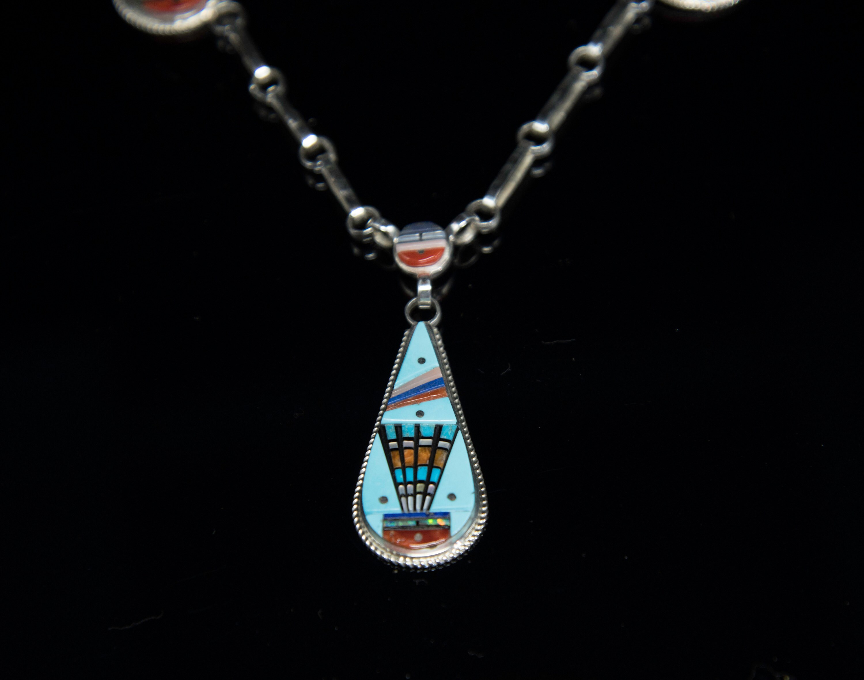 Navajo Multi Stone Micro Inlay Sterling Silver Necklace Ervin