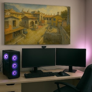 May include: A computer setup with two black monitors, a keyboard, and a mouse on a light wood desk. A black computer tower with purple lights sits to the left. A painting of a European town hangs above the desk.