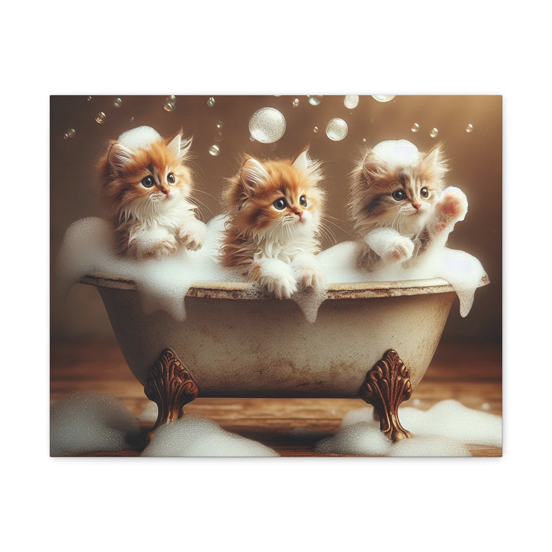 Kitten in Bathtub, Bathroom Animal Art, Funny Canvas Art, Kitten Wall ...