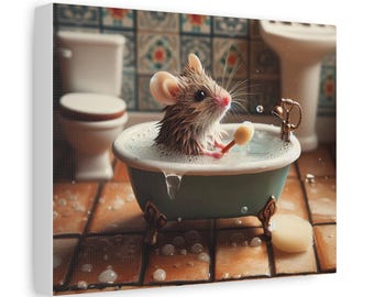 Mouse Bathtub Canvas Art, Whimsical Bathroom Animal Print, Funny Wall Decor