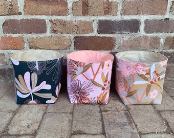Fabric Storage Basket – Native Australian Flowers – Pink / Taupe / Navy Green