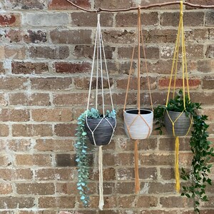 Op de afbeelding: Drie macramé plantenhangers met verschillende gekleurde koorden en potten. De hangers hangen aan een tak tegen een bakstenen muur. De potten zijn wit, zwart en grijs.