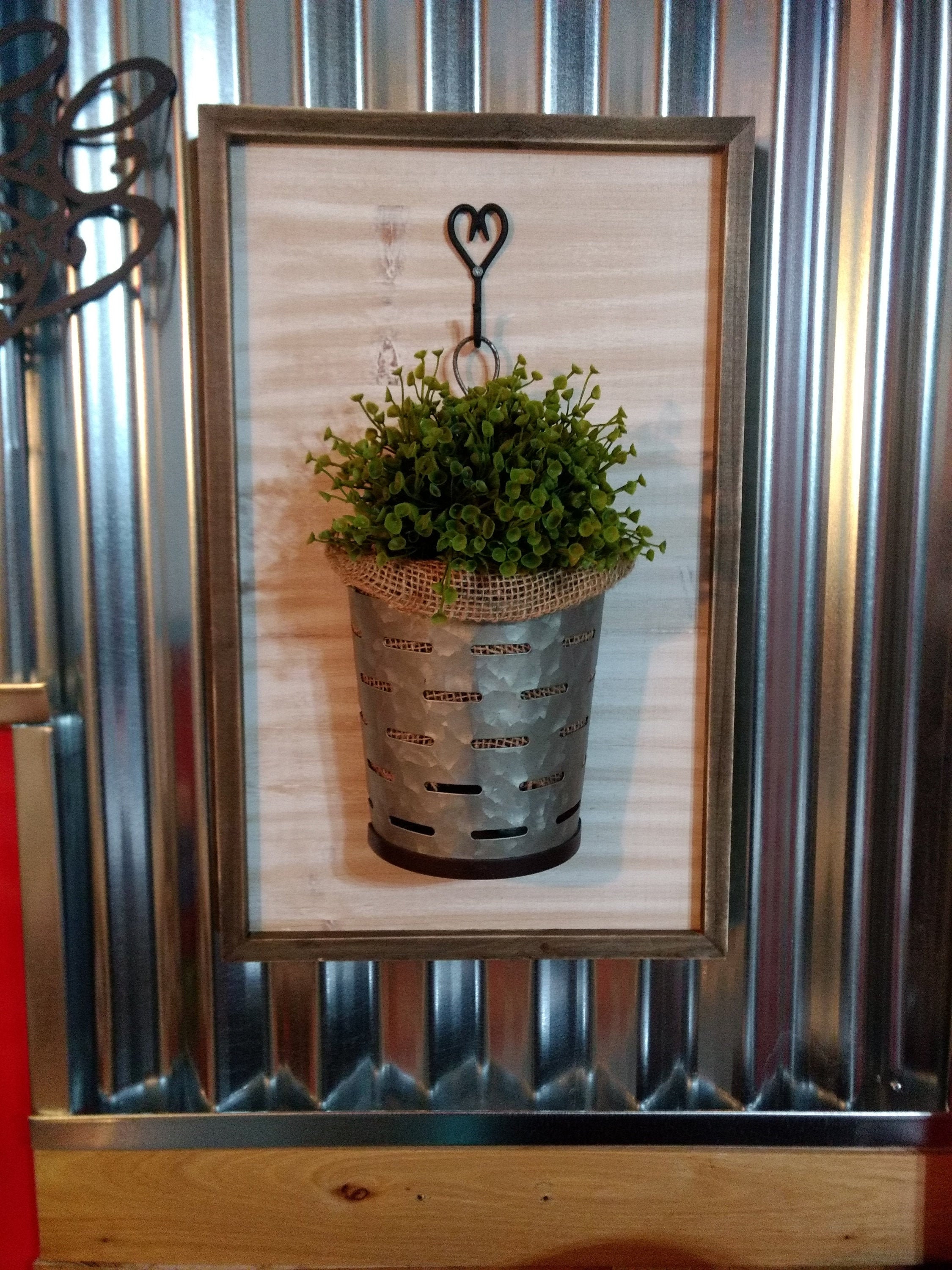 Olive bucket wall vase/sconces w/white wash barn wood frame Etsy