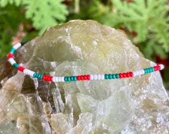 Beaded Green White Red Bracelet Handmade