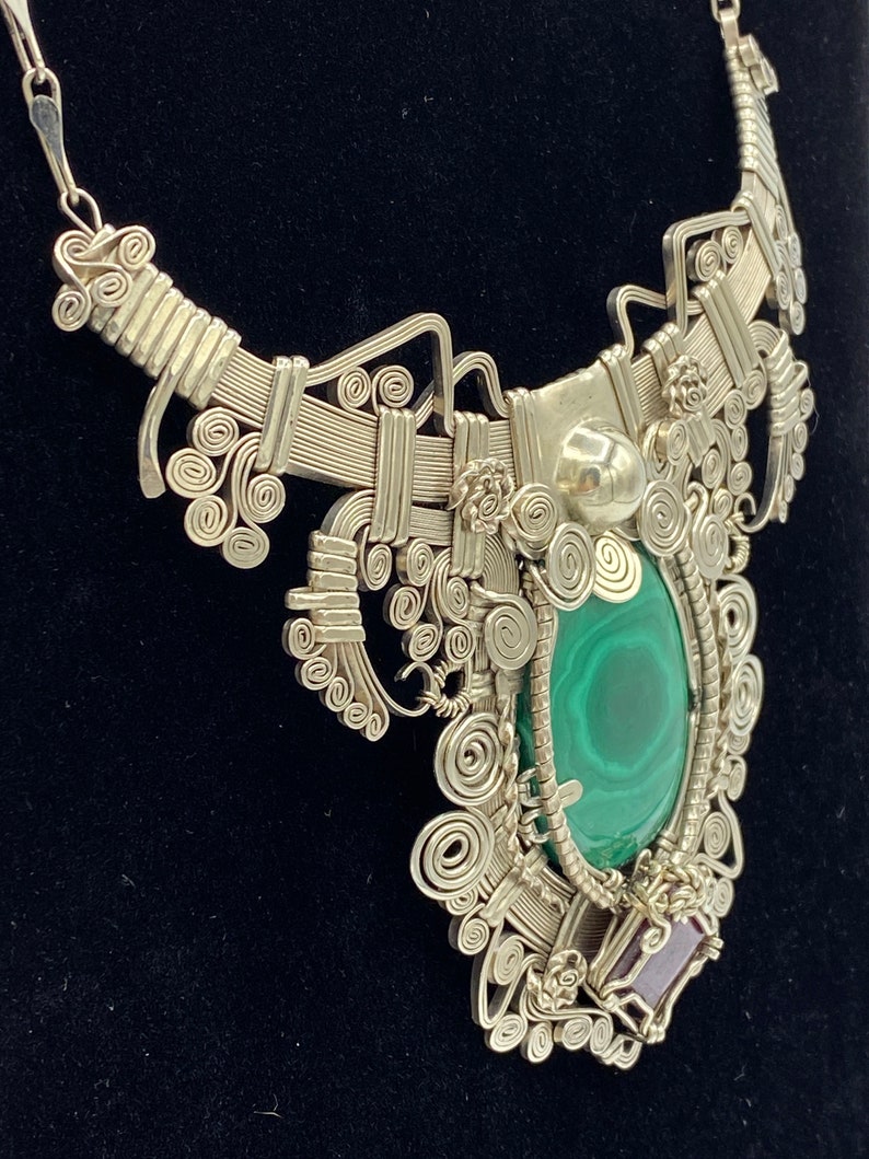 HandMade Necklace Alpacca Metal with Malachite stone /& Ruby