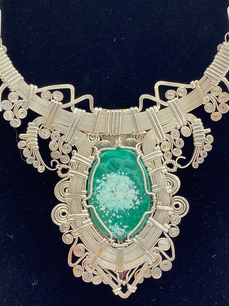 HandMade Necklace Alpacca Metal with Malachite stone /& Ruby