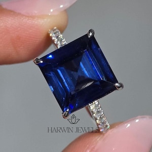 9.10CT Princess Cut Blue Gemstone Statement Ring, Basket Set 3/4 Pave Band Birthstone Ring, Elegant Sapphire Anniversary Gift Ring For Wife