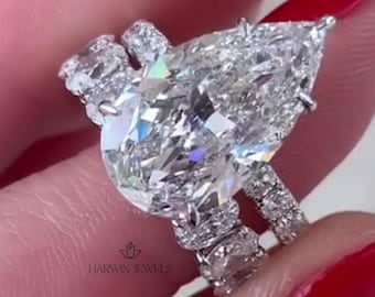 5CT Pear Cut Moissanite Engagement Ring With 5 Prong Set, Promise Ring 14K Solid Silver Pave Set Ring With Band, Hidden Halo Ring for women