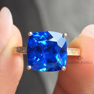 Victorian Style Cushion Cut Engagement Ring, Solid Gold Handmade Engraved Band, Blue Gemstone Ring, Filigree Design Art Deco Ring For Women