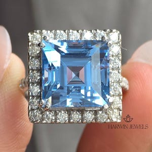 Aquamarine Princess Cut Gemstone Jewelry For Women, Halo Set & Half Pave Band Minimalist Promise Ring Gift, Unique Basket Design Modern Ring