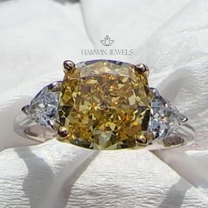 Yellow Cushion Cut Moissanite Engagement Ring, Side Stone Trillion Cut Three Stone Ring, Solid Gold Wedding Anniversary Gift Ring For Women.