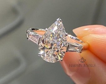 Three Stone Pear Cut 3.50Ct Moissanite Engagement Ring, Side Stone Tapered Baguette Cut Wedding Ring, Pear Trilogy Anniversary Ring For Her.