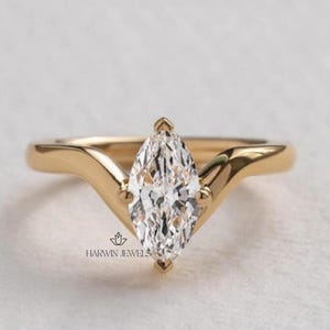 2.00CT Marquise Cut Moissanite Engagement Ring, Marquise Solitaire V Shaped Gold Ring, Chevron Wedding Band, Anniversary Gift Ring for Women