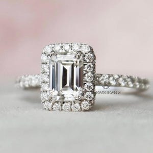 Solid Gold Double Prongs Emerald Cut Moissanite Engagement Ring With Pave Setting, Halo Promise Ring, Proposal Ring, Birthday Gift for Her