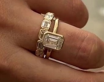 2.5CT Emerald Cut Moissanite Engagement Ring with Band, Anniversary Ring Band Bezel Set Wedding Ring Combo, Promise Gold Ring For Women .