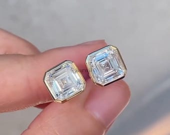 Asscher Cut Moissanite Solitaire Earrings, Classic Bezel Setting Stud Earrings