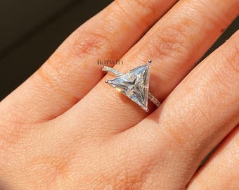 Trillion Cut Moissanite Engagement Ring, 18k Gold, Handmade