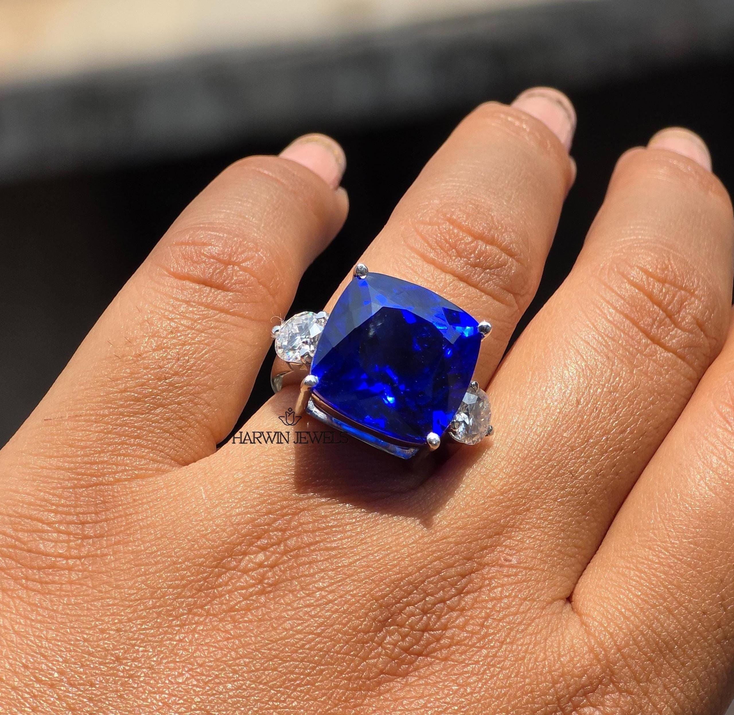 Lab Created Blue 23.40CT Cushion Cut Gemstone Ring, Solid White Gold Solitaire Ring, Side Stone Round Cut Art Deco Anniversary Gift Ring