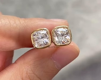 Pendientes de mujer de moissanita talla cojín de 3 quilates, pendientes solitarios con engaste biselado.