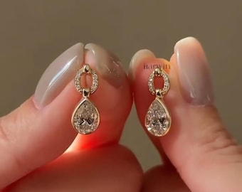 Pear Cut Moissanite Dangle Drop Earrings, Modern 14K Solid Gold Earrings for Gift