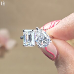 Emerald & Pear Cut Moissanite Two Stone Ring, Toi Et Moi Ring