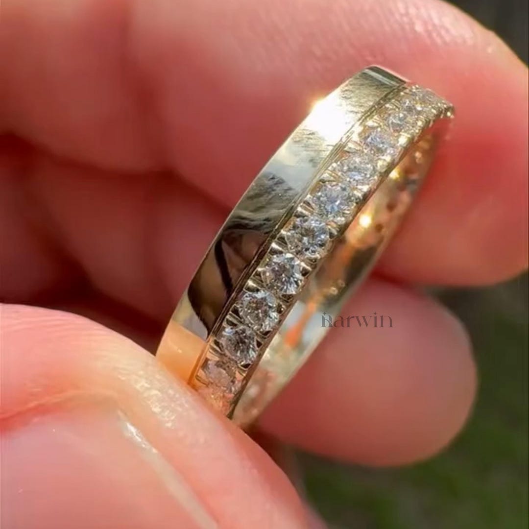 14k Yellow Gold Half Eternity Band, Round Cut Colorless Moissanite Band ...