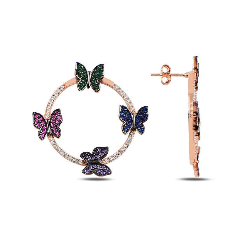 Puschback Closing MyMira Wholesale Best Gifts Ever. Wholesale Colorful Butterfly Mounted Round Earring Clear Zircon 925 Sterling Silver