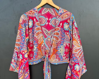 Boho Silk Wrap Top: Bell Sleeve Hippie Blouse