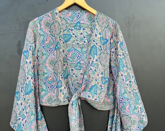 Boho Silk Wrap Top: Bell Sleeve Crop Top, Bohemian Hippie Style