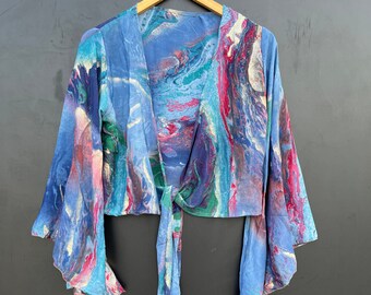 Top reversibile in seta con cravatta: sari vintage, copricostume boho
