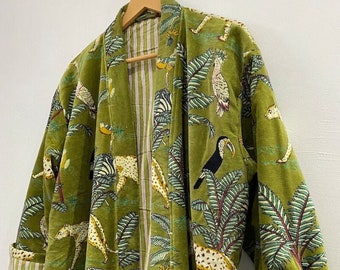 Green Jungle Print Velvet Kimono Robes, Morning Tea Velvet Coat, Bridesmaid Robe, Women Wear Cotton Velvet robe, Velvet Jacket, Bridal Robe