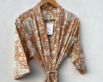 Cotton Kimono Robe Yukata Dressing Gown - Hand Printed 100% Light Cotton Kimono Bathrobe for Women - Women&#39;s Long Yukata Pockets, Bridesmaid