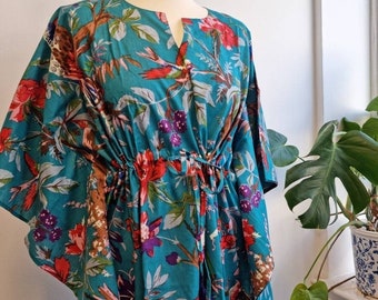 Abito caftano in cotone con stampa di uccelli, da donna, da indossare in camera da letto, splendido abito caftano da festa, abito caftano da spiaggia, abito da casa