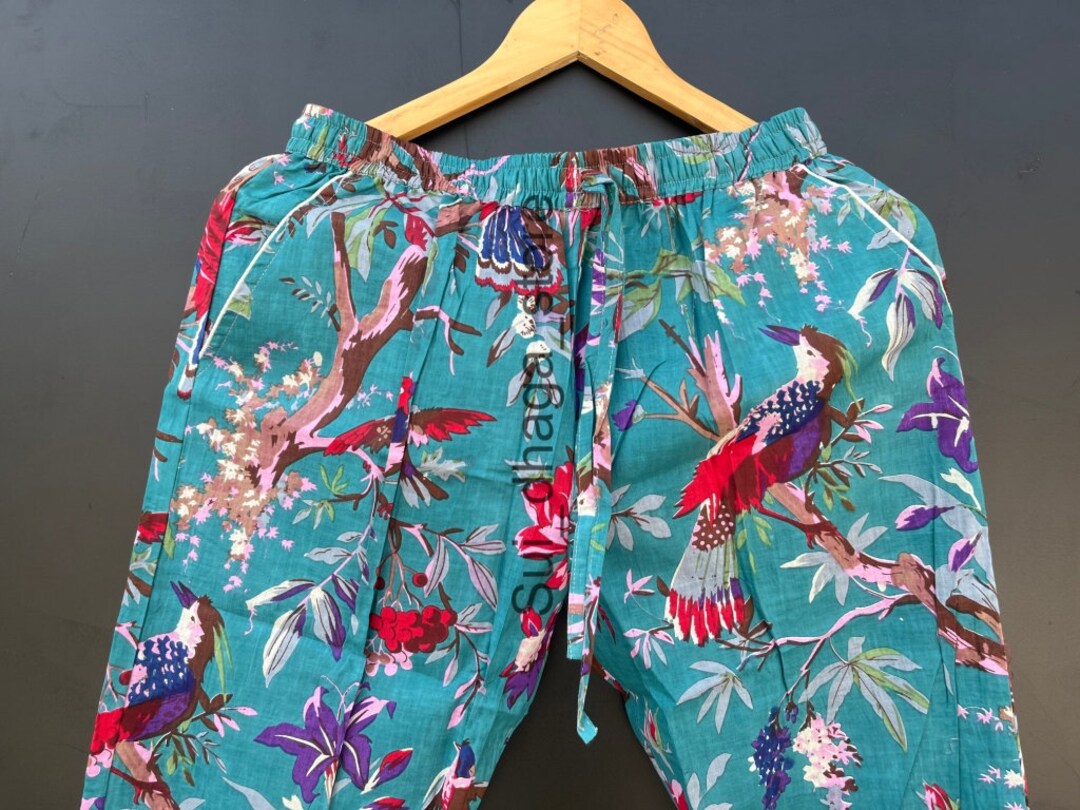 Bird Print Cotton Pajama Pants, Women Lounge Pants, Beach Pants, Floral