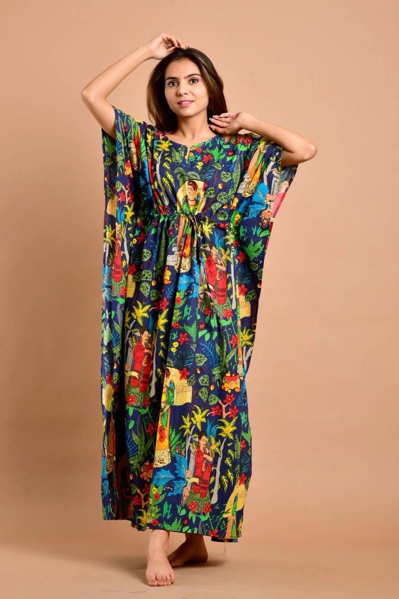 Abito lungo in caftano di cotone, caftano stampato Frida Khalo, abbigliamento da festa da donna, maxi stile hippie, tunica indiana, abito ampio per la maternità