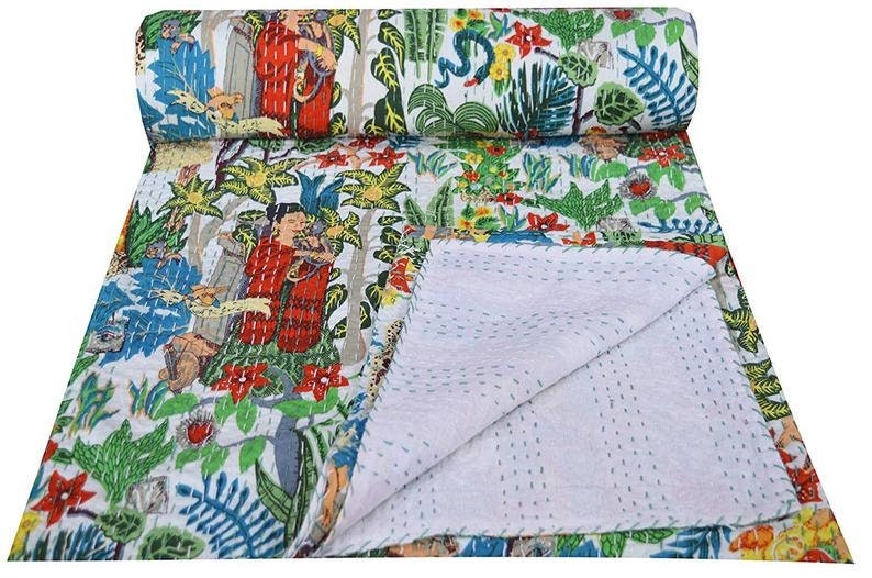 Indian Kantha Quilt Throw Reversible Blanket Bedspread Block Print