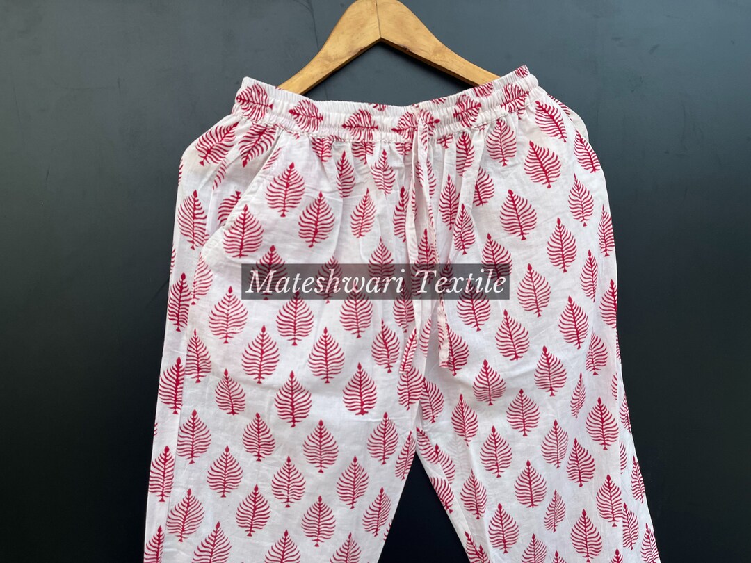 Leaf Print Cotton Pajama Pants, Cotton Pajama Pant, Women Lounge Pants
