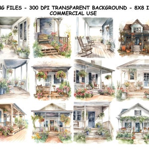 FARMHOUSE PORCH WATERCOLOR Clipart, Porch Bundle Png, House watercolor clipart, Farmhouse clipart