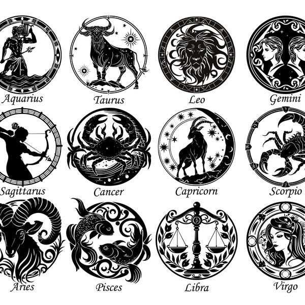 SIGNE DU ZODIAQUE SVG, Bundle Clipart signe du zodiaque, signes d’astrologie Svg, signe du zodiaque pour Cricut