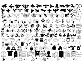 Puede incluir: Ilustraciones en blanco y negro de líneas de abejas, panales, tarros de miel y colmenas. Las ilustraciones están en una variedad de estilos, incluyendo dibujos animados, realistas y abstractos.