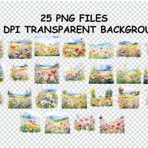 Peut inclure: 25 fichiers PNG d'illustrations à l'aquarelle de fleurs sauvages dans un champ. Les illustrations sont en 300 DPI et ont un fond transparent.