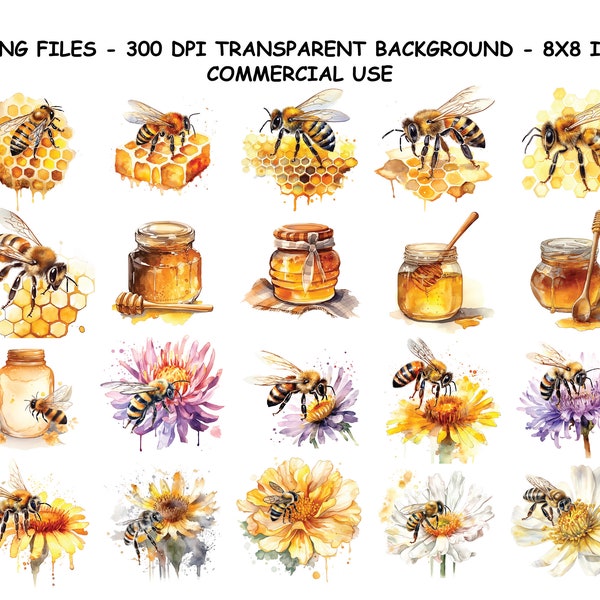 WATERCOLOR HONEY BEE Clipart, Honey Bee Clipart Png, Honey Bee Png For Commercial Use