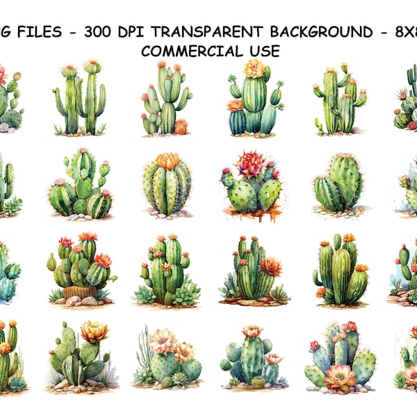 WATERCOLOR CACTUS CLIPART, Watercolor Cactus Clipart Png Files, Transparent Background Png for Commercial Use